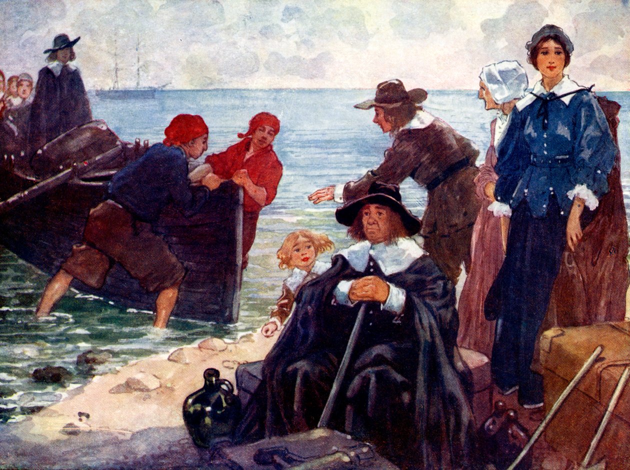 Száműzöttek egy csapata kiköti kéregét New England vad partján, 1620, 1905. alkotó: A. S. Forrest
