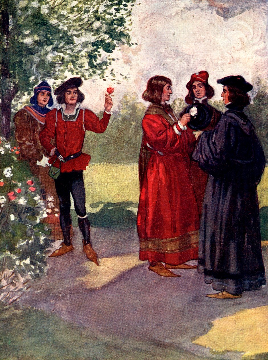 ...A nemesek vörös vagy fehér rózsát téptek és sapkájukba tették, 15. század, 1905. alkotó: A. S. Forrest