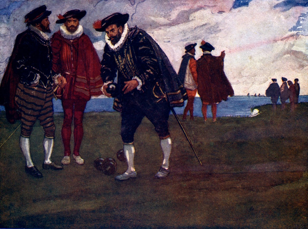 Van idő befejezni a játékot és legyőzni a spanyolokat is – mondta Drake, 1588, 1905 alkotó: A. S. Forrest