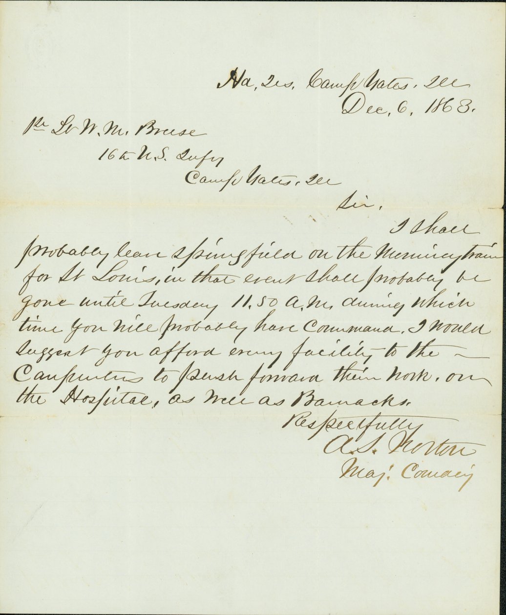 Levél aláírva A.S. Norton, parancsnok őrnagy, főosztály, Camp Yates, Illinois, W.M 1. hadnagyhoz. Breese, 16. amerikai gyalogság, Camp Gates, Ill., 1863. december 6 alkotó: A. S. Norton