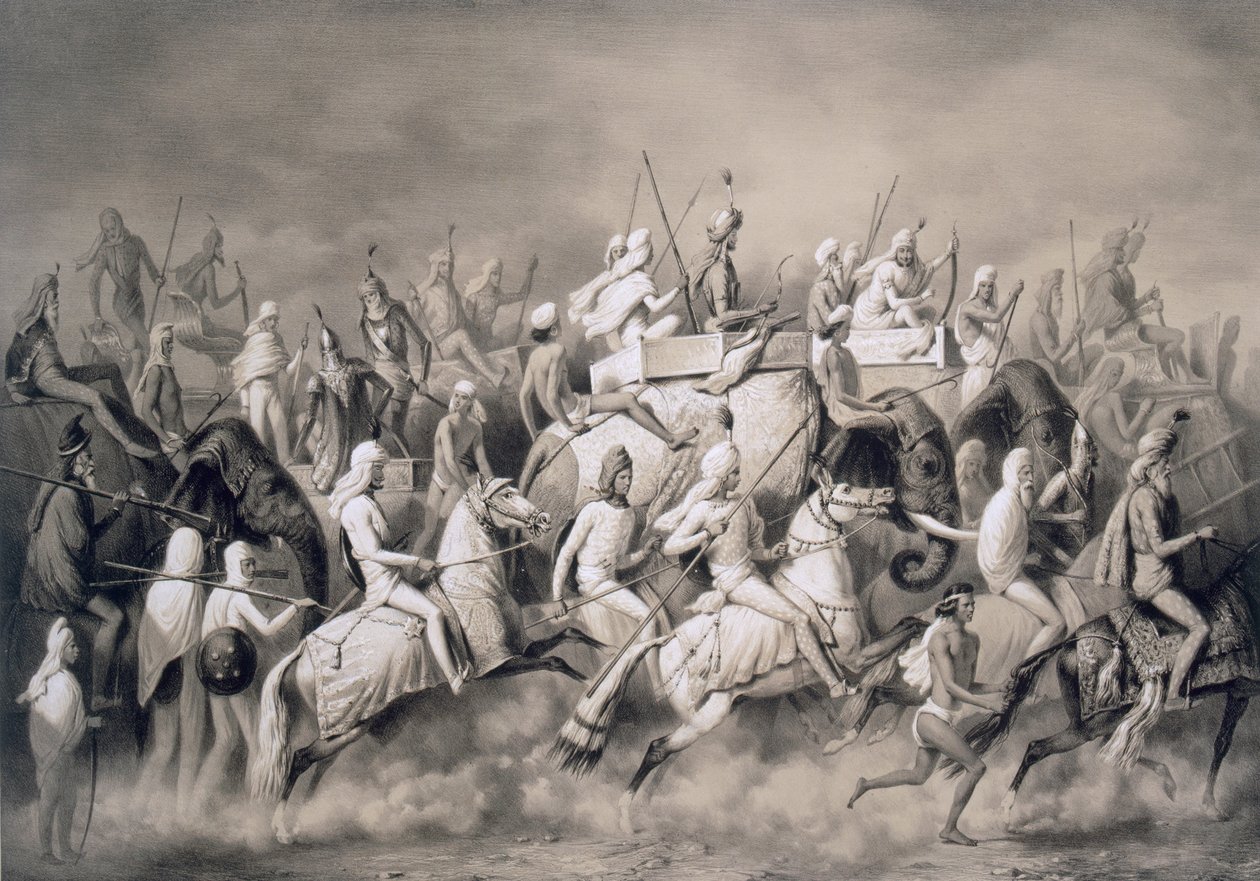 Chir Singh, a szikhek maharadzsája és a pandzsábi király kíséretével Lahore közelében vadászik, 1859 alkotó: A. Soltykoff