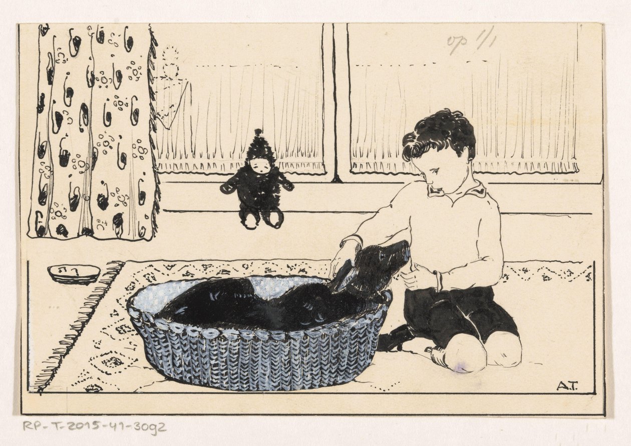 Kutyát simogató fiú alkotó: A. Tinbergen (signed by artist)