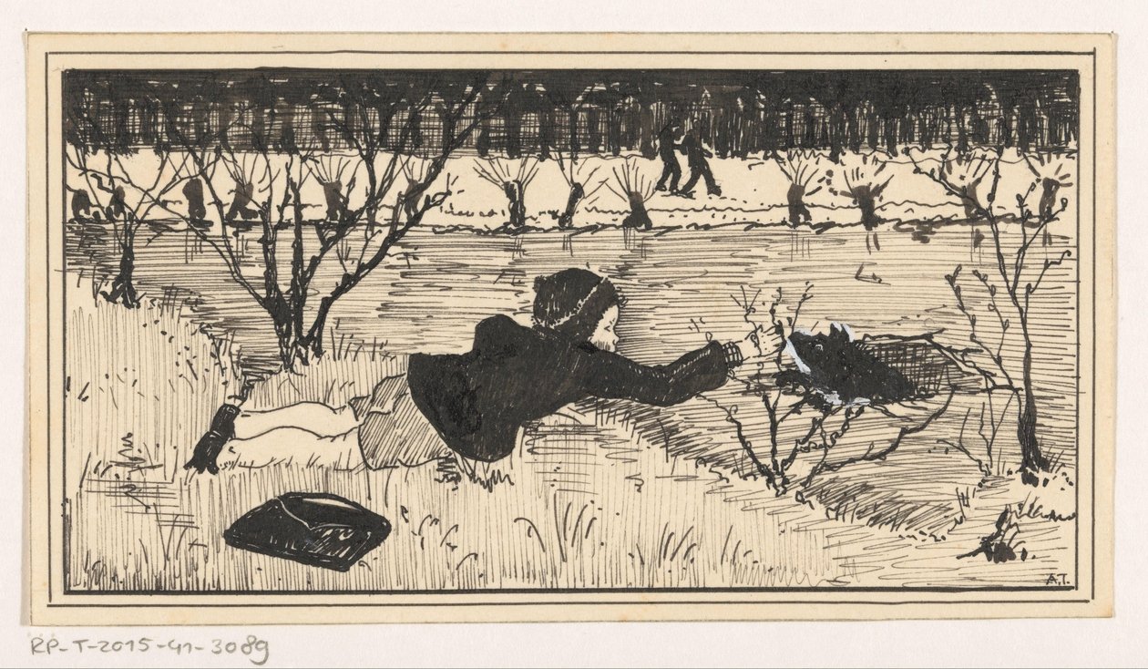 Lány megpróbálja megmenteni a kutyát a lyukból alkotó: A. Tinbergen (signed by artist)