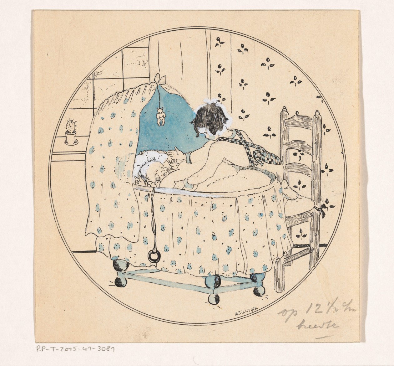 A lány ki akarja emelni a babát a kiságyból alkotó: A. Tinbergen (signed by artist)