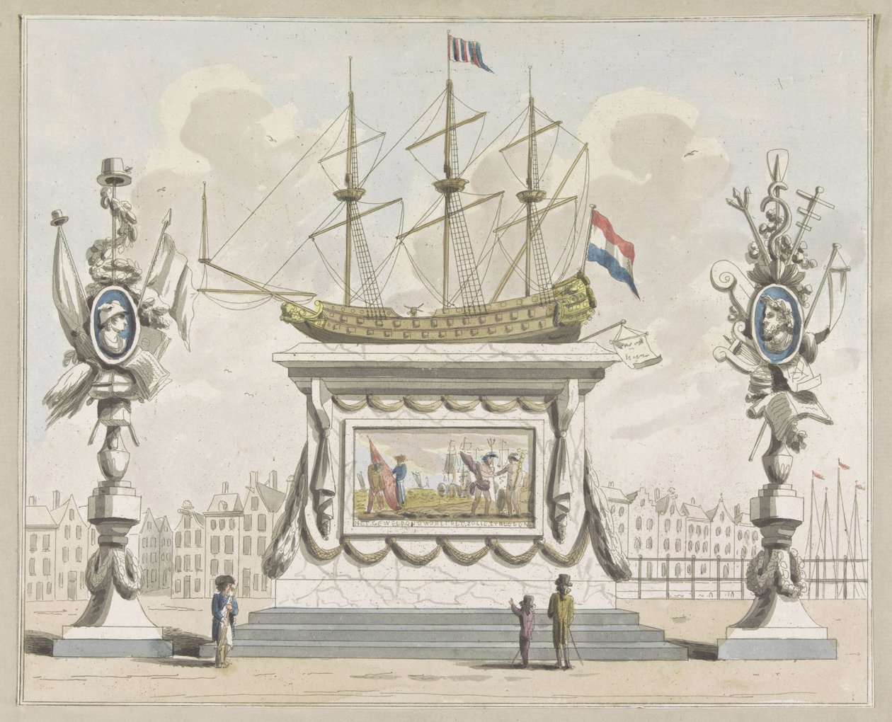 Kereskedelem és hajózás, dekoráció a Nieuwmarkton, 1795 Tíz tányér az 1795-ös amszterdami Alliantiefeest dekorációiból (sorozat címe) alkotó: A. Verkerk