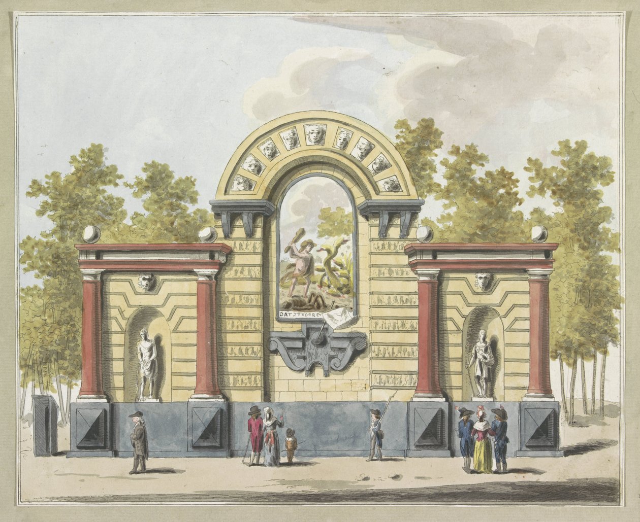 Az arisztokrácia pusztulása, díszítés a Westermarkton, 1795 Tíz tányér az 1795-ös amszterdami Alliantiefeest dekorációiból (sorozat címe) alkotó: A. Verkerk
