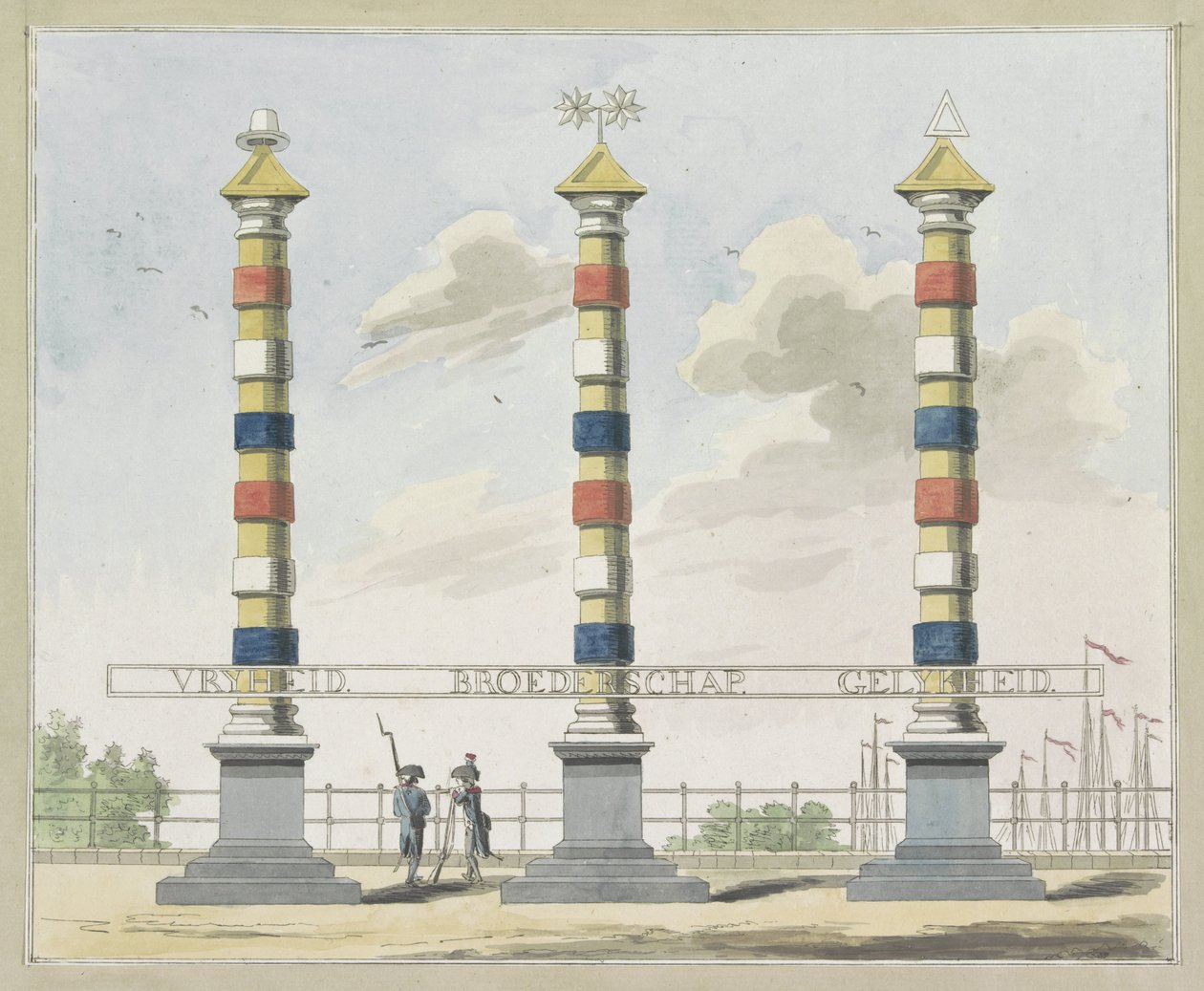 Szabadság, Testvériség és Egyenlőség, kitüntetés a Hogesluison, 1795 Tíz tányér az amszterdami Alliantiefeest dekorációiból 1795-ben alkotó: A. Verkerk