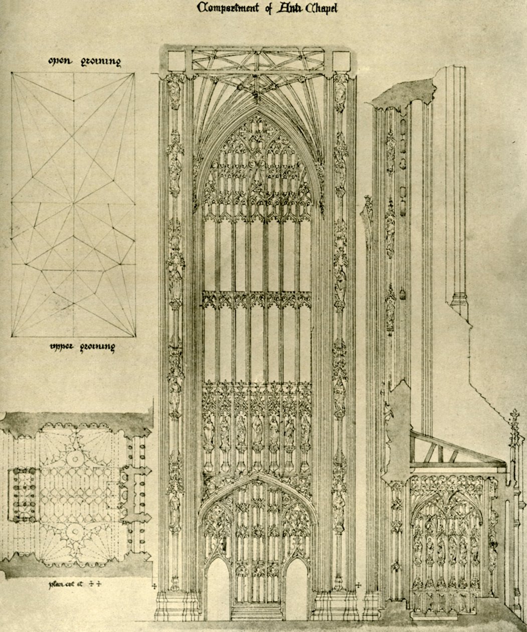 Építészeti rajz: Anti-kápolna rekesz, 1833-1834, 1906. alkotó: A. W. N. Pugin