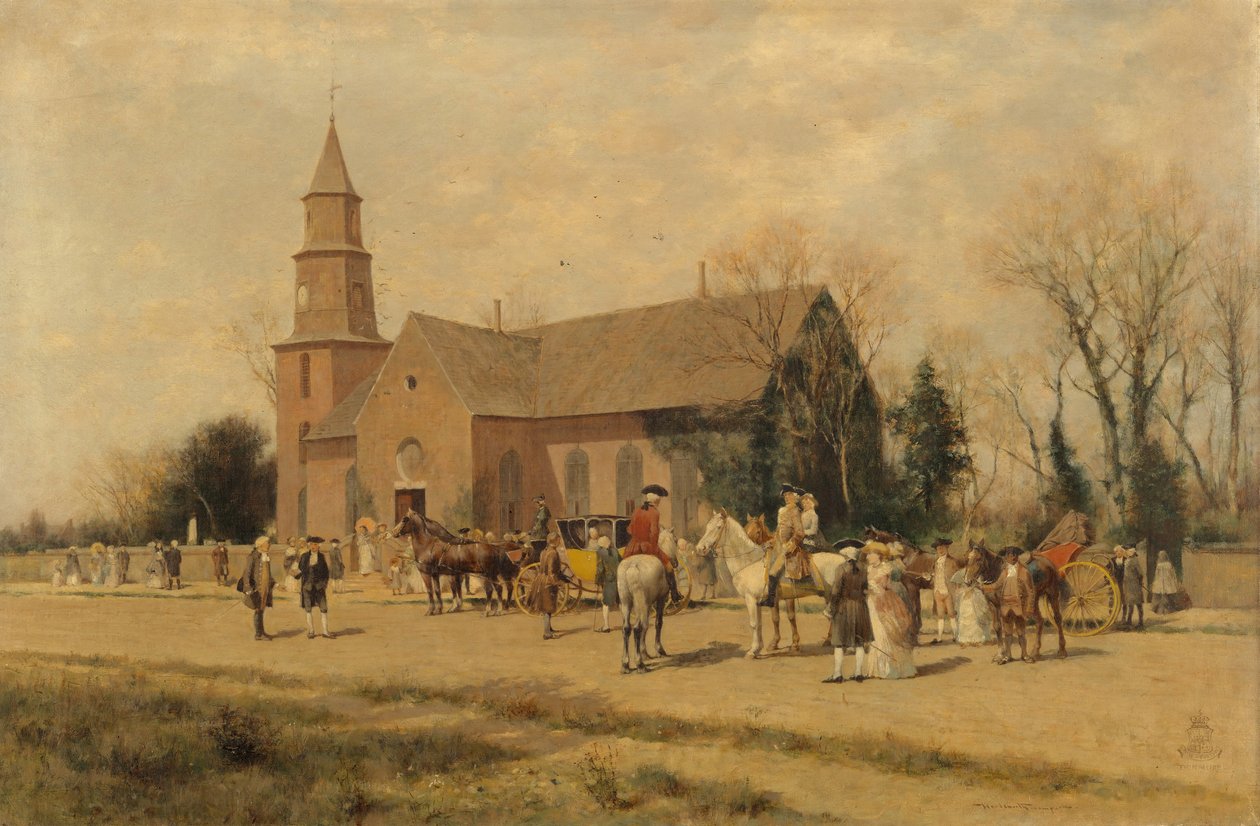 Old Bruton Church, Williamsburg, Virginia, Lord Dunmore idejében, 1893. alkotó: A. Wordsworth Thompson