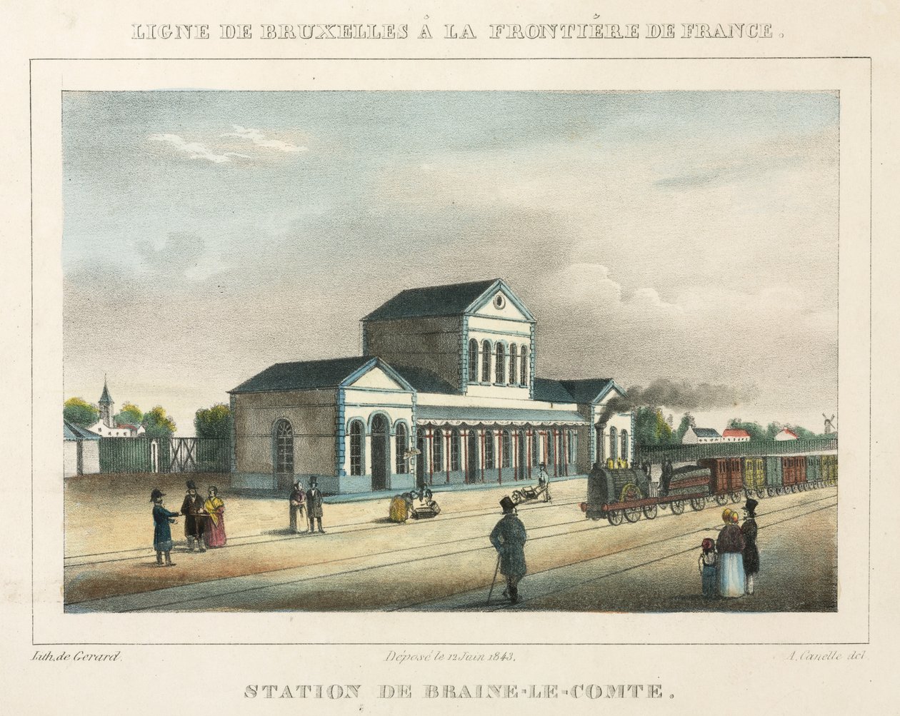 Braine-le-Comte állomás, Belgium, vésette Gerard, 1843 alkotó: A. after Canelle