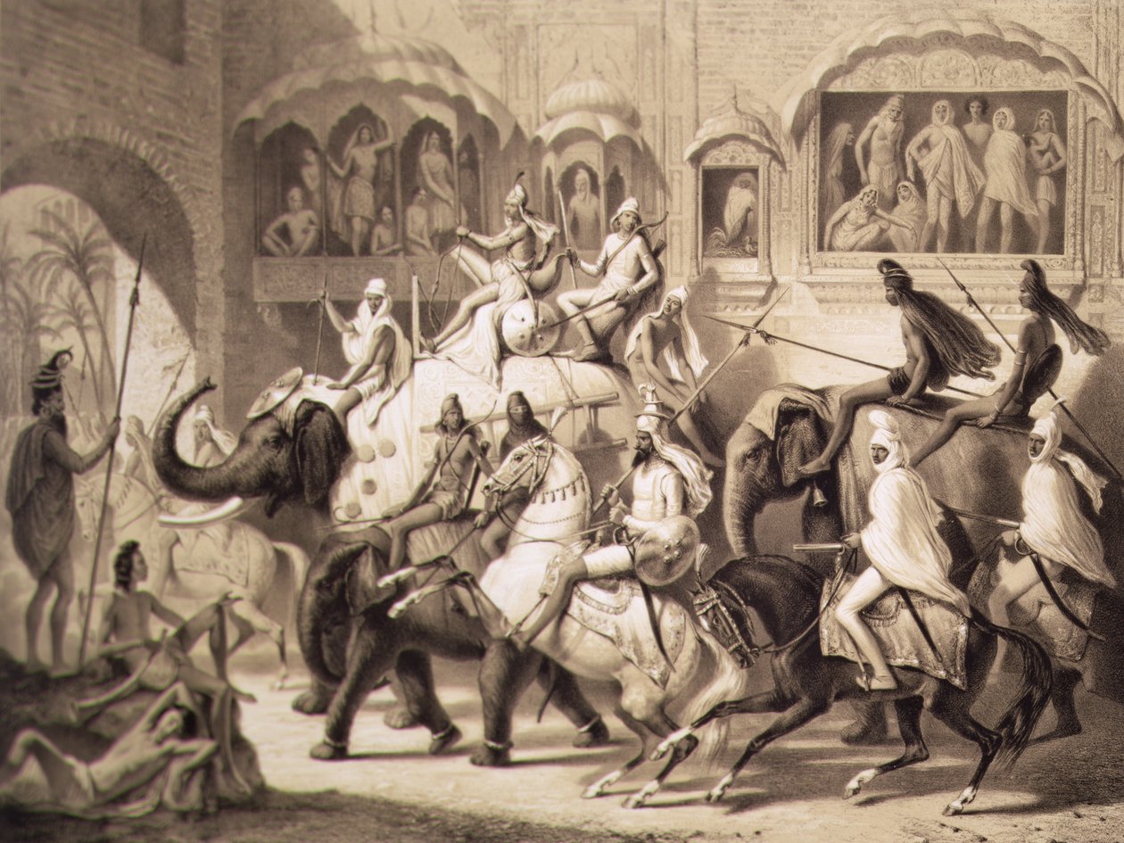 Egy utca Lahore-ban, az indiai Voyage-ból, Louis Henri de Rudder (1807-81) metszetében, 1842 (színezett litho) alkotó: A. after Soltykoff