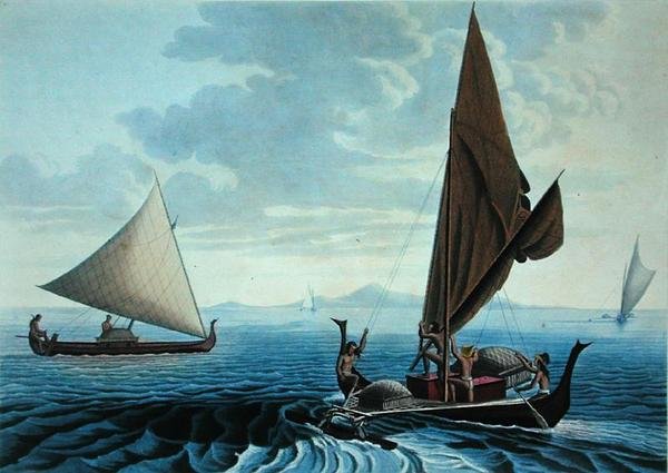 Kilátás Tinian szigetére: Dugout kenuk a Caroline-szigetekről, Coutant által metszett „Voyage Autour du Monde sur les Corvettes de L