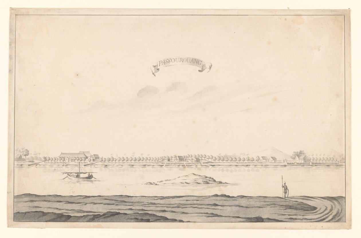 Kilátás a Passoeroean-ra Passourouang (cím a tárgyon) alkotó: A. de Nelly (possibly)