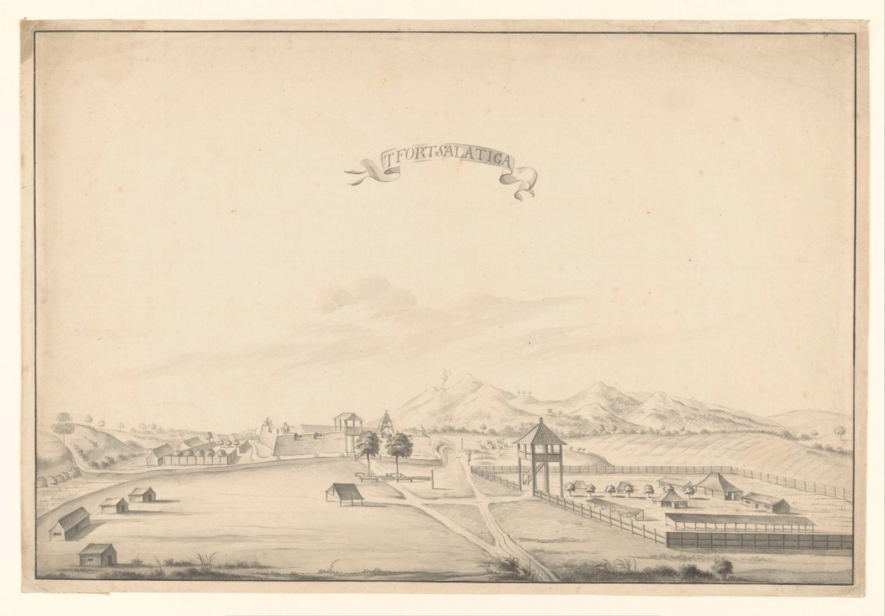 Kilátás a Salatiga erődre t Fort Salatiga (cím a tárgyon) alkotó: A. de Nelly (possibly)