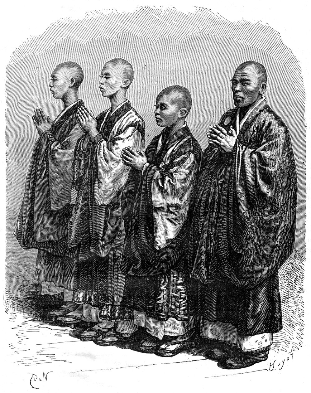 Buddhisták imában, Japán, 19. század. alkotó: A. de Neuville