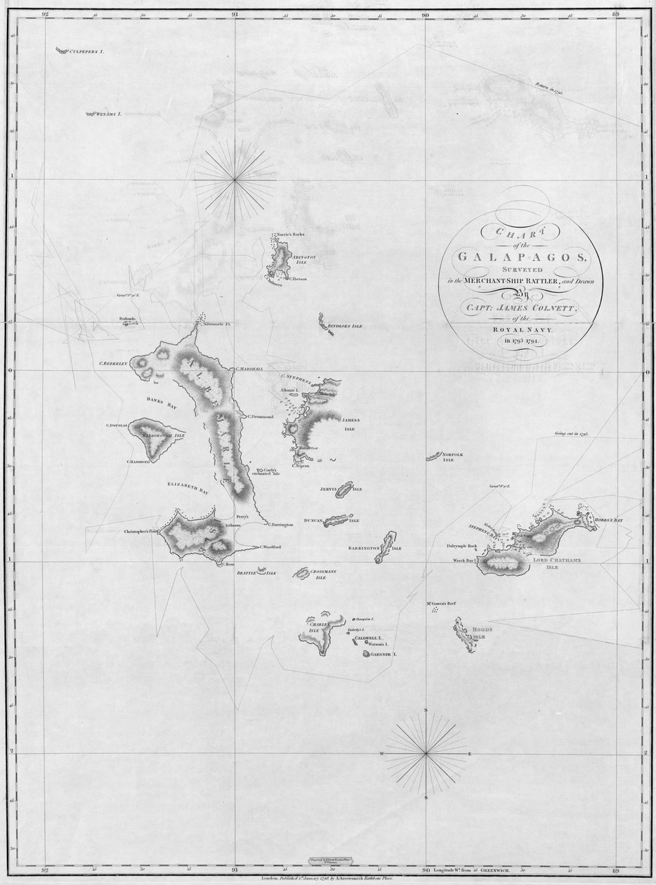 A Galapagos-térkép, a Kereskedő-Hajó Rattlerben alkotó: Aaron Arrowsmith