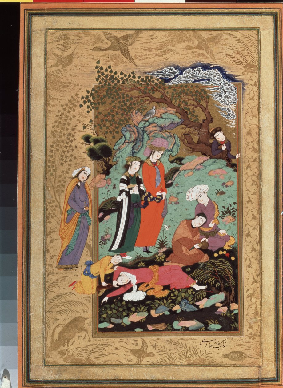 Perzsa művészet: a nemesség bulihelye, az egyik vendég részegen, eszméletlenül fekszik. Gouache és arany miniatűr, Riza Abbasi (Aqa Reza Reza-e 