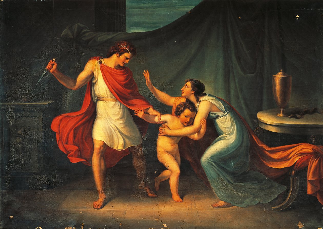 Pyrrhus a kis Astyanax életét fenyegeti alkotó: Abbondio Bagutti