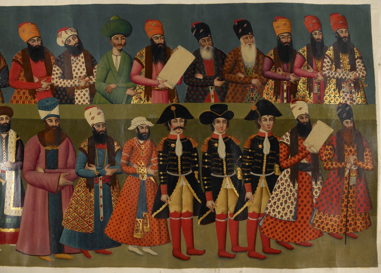Add Or. 1241 Fath Ali Shah udvara Sir John Malcolm brit követekkel, Sir Harford Jones Brydges-szel és Sir Gore Ouseley-vel. A nigarisztáni palota falfestményének részleges képe alkotó: Abdallah (after) Khan