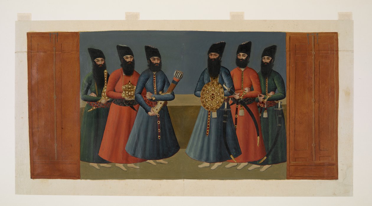 Add Or. 1242 A sah pajzsát, tegezt és egyéb királyi kellékeket hordozó „ghulamok”, részlet a „nigarisztáni palota falfestményének kicsinyített másolatából” alkotó: Abdallah (after) Khan