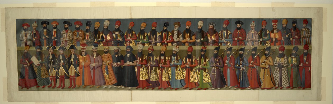 Vagy. 1242 A nigarisztáni palota nagy falfestményének másolata. A Fath Ali Shah udvara Sir John Malcolm brit küldöttekkel, Sir Harford Jones Brydges-szel és Sir Gore Ouseley-vel alkotó: Abdallah (after) Khan