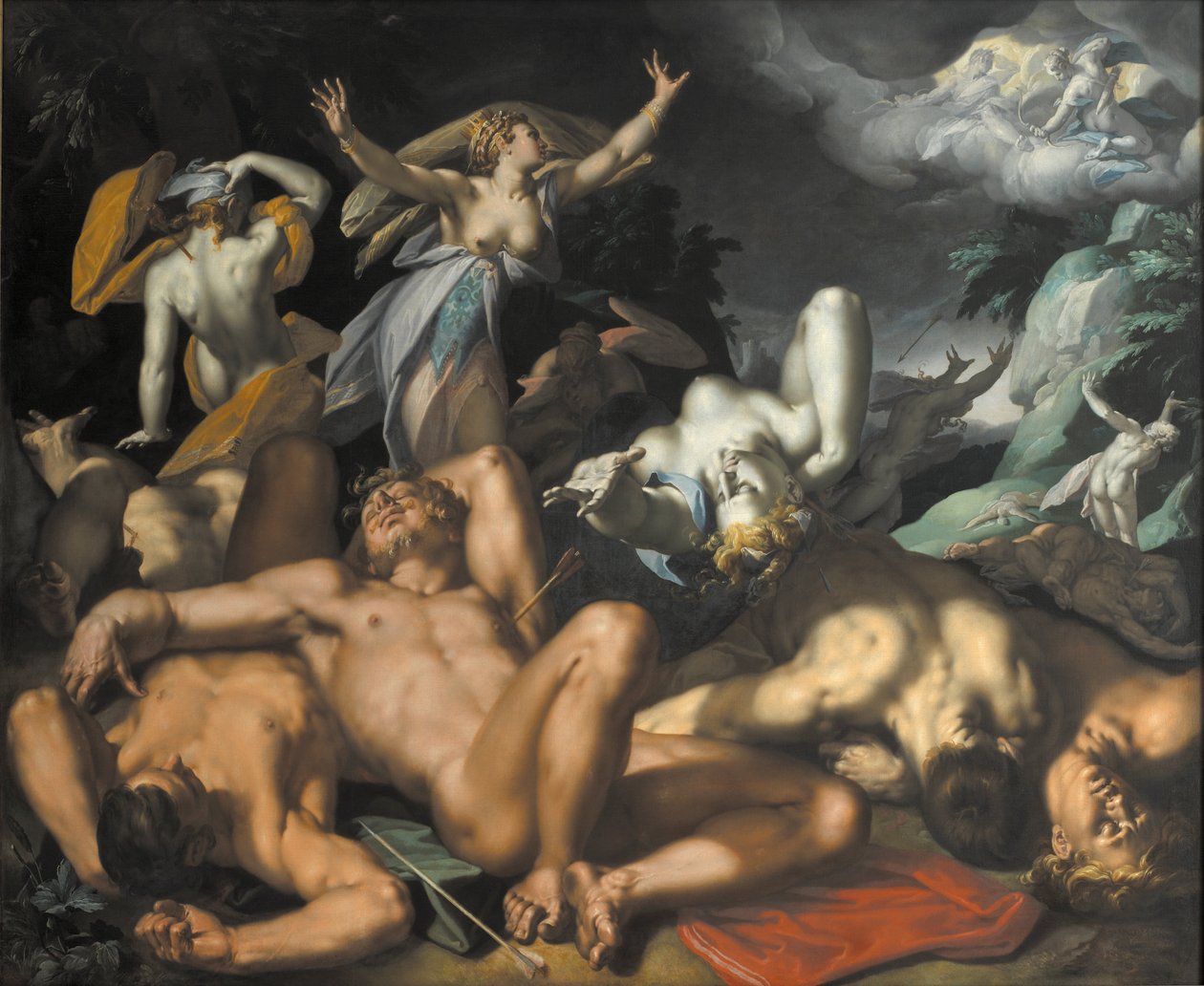 Apollo és Diana megbüntetik Niobét gyermekeik megölésével alkotó: Abraham Bloemaert