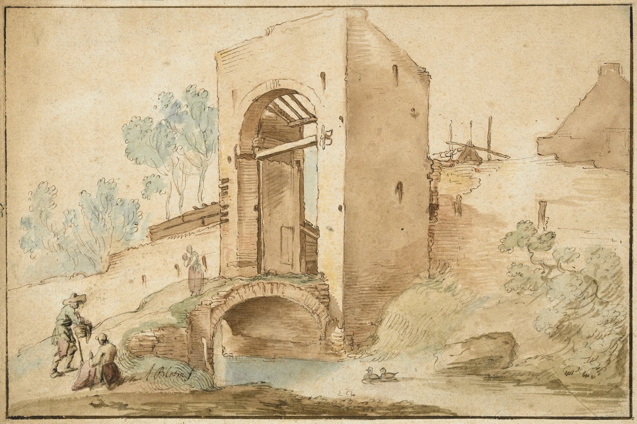 A város kapuja, c. 1630 (toll és barna tinta wc-vel magasított papíron) alkotó: Abraham Bloemaert
