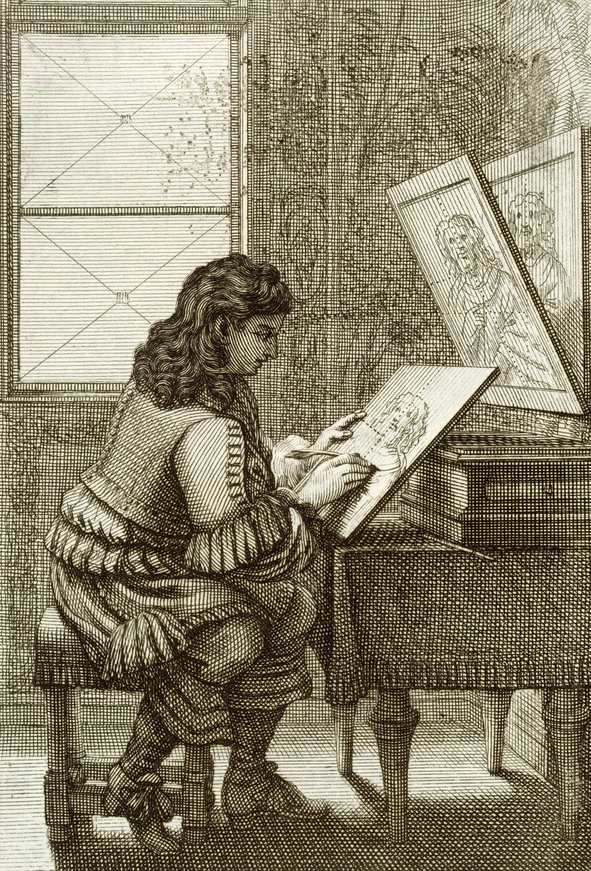 Egy művész, aki metszőlapra másol, 1737-ben nyomtatták alkotó: Abraham Bosse