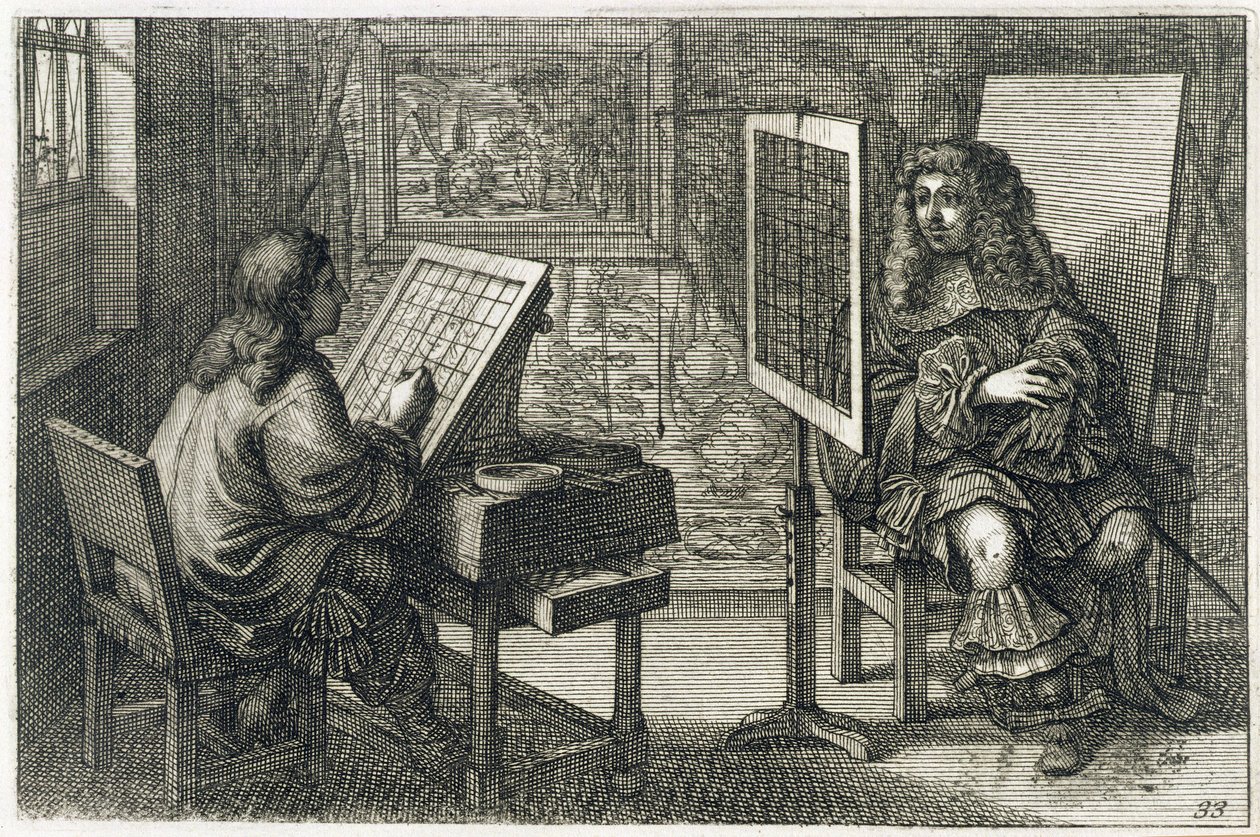 Egy művész portrét fest egy rácsra a pontos arány érdekében, nyomtatott Párizs 1737-ben alkotó: Abraham Bosse