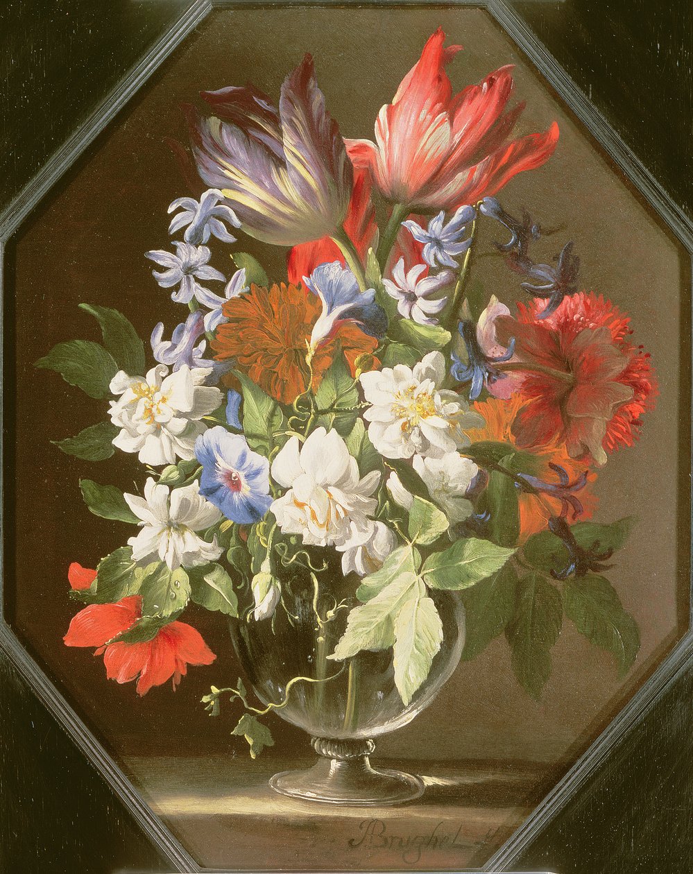 Váza virágokkal egy kőpárkányon tulipánokkal, krizantémokkal, dáliákkal és nárciszokkal, 17. század alkotó: Abraham Brueghel