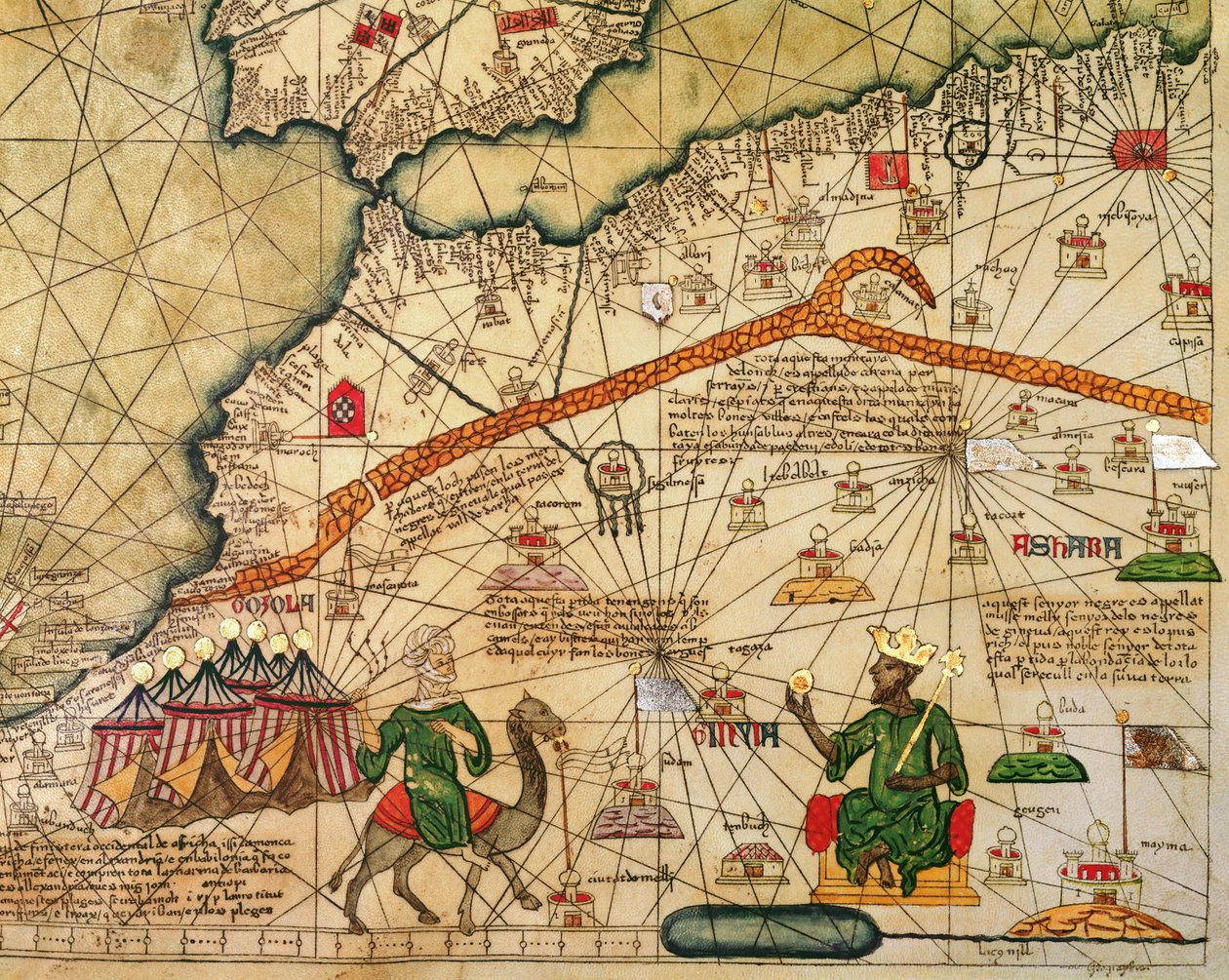 Részlet egy katalán Európa és Észak-Afrika térkép másolatáról, amelyet 1381-ben mutattak be V. Károlynak Franciaországban alkotó: Abraham Cresques