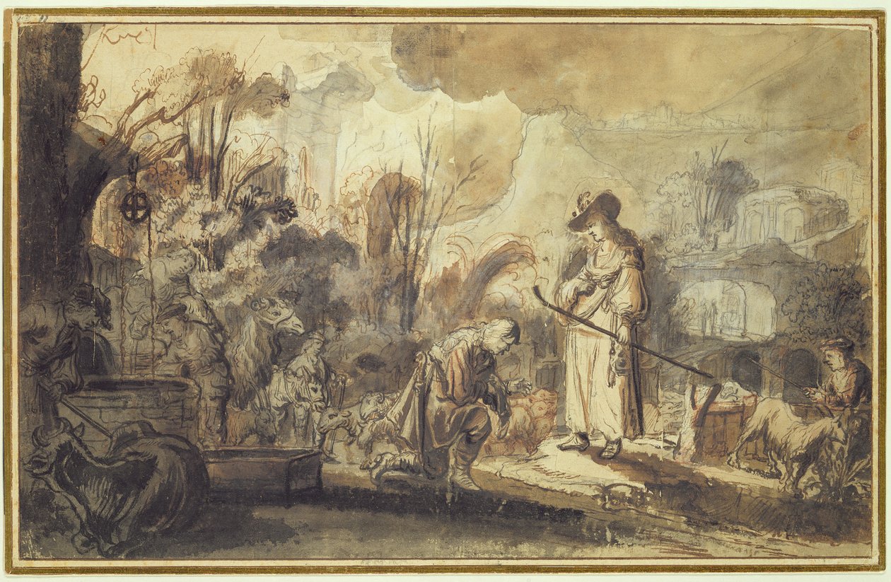 Eliezer és Rebecca a kútnál (toll és tinta mosás ceruzával és piros krétával papíron) alkotó: Abraham Furnerius