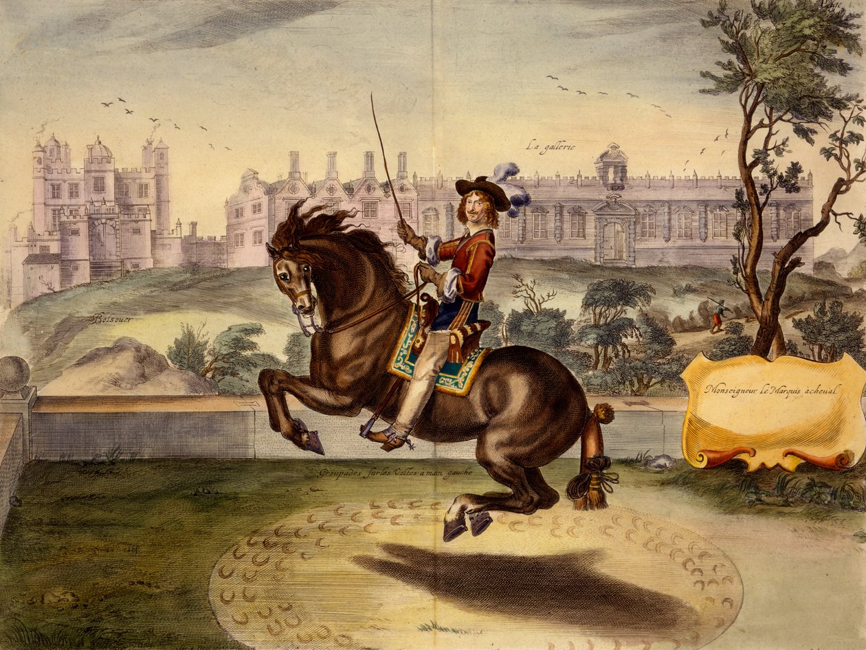 Cavendish voltet ad elő, háttérben a Bolsover Castle-vel és manézstömbjével, William Cavendish 1737-ben megjelent The Method and New Invention of Dressing Horses című könyvéből (2. kiadás) (akvatinta) alkotó: Abraham van Diepenbeeck