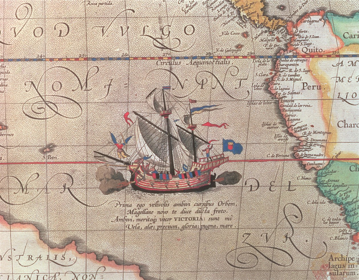 Vitorlás hajó ágyúval tüzel, részlet a Csendes-óceán, Kína és Amerika térképéről, 1599 (lásd még 18634) alkotó: Abraham Ortelius
