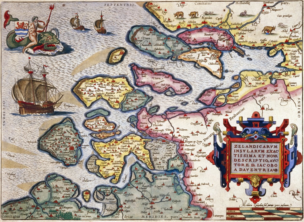 Zeeland térkép, 1560 körül (kézzel színezett metszet) alkotó: Abraham Ortelius