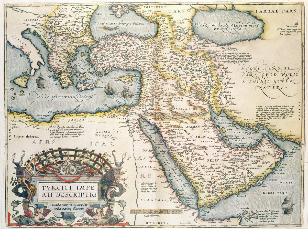 Közel-Kelet térképe, Theatrum Orbis Terrarum, 1570 (kézzel színezett metszet) alkotó: Abraham Ortelius