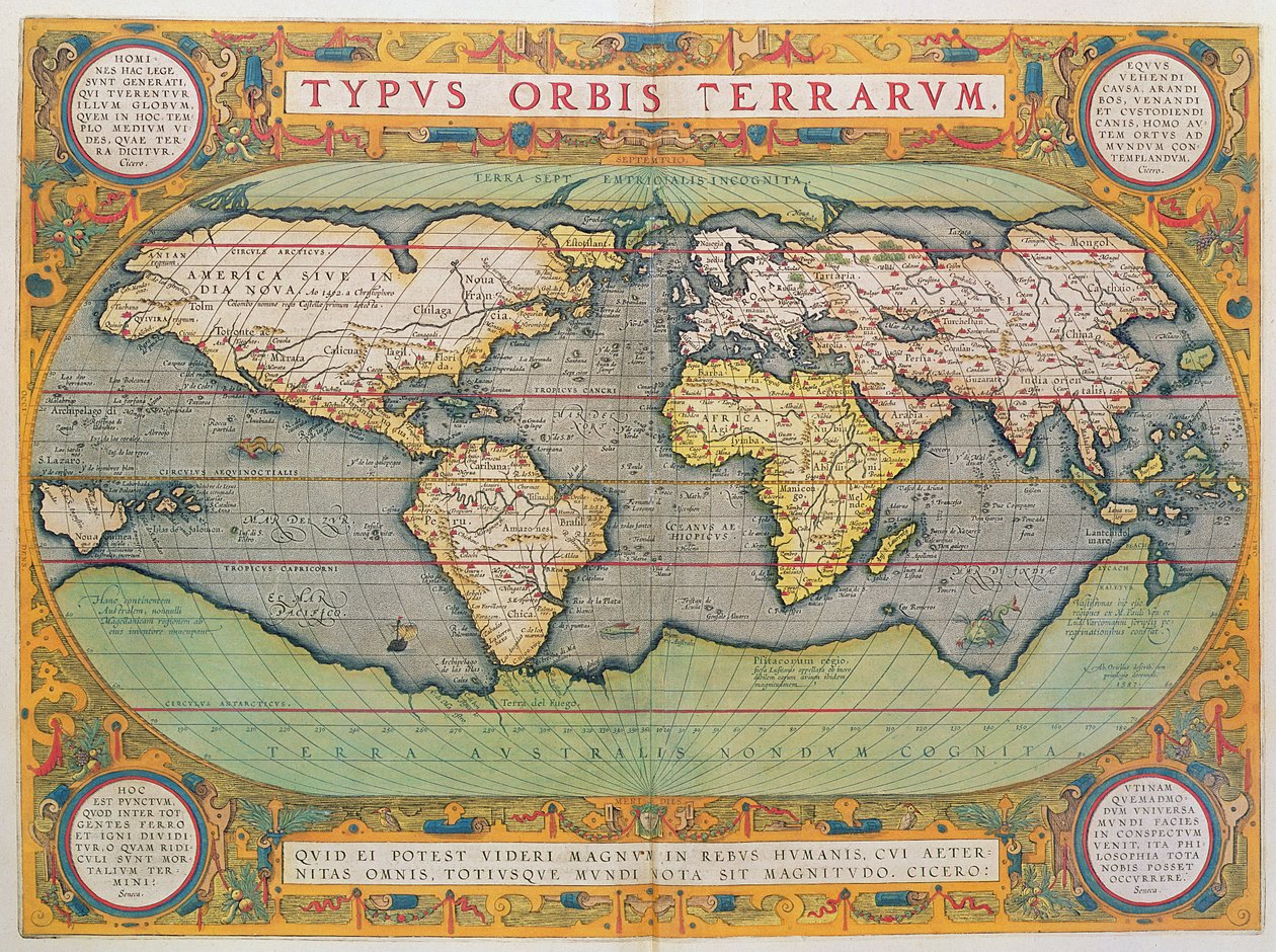 Typus Orbis Terrarum, a világ térképe, Ortelius „Theatrum Orbis Terrarum” című művéből, Antwerpen, 1570 (kézzel színezett metszet) alkotó: Abraham Ortelius