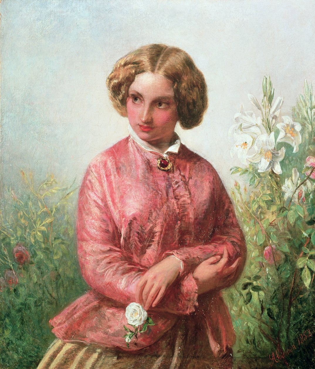Egy fiatal lány portréja rózsával alkotó: Abraham Solomon