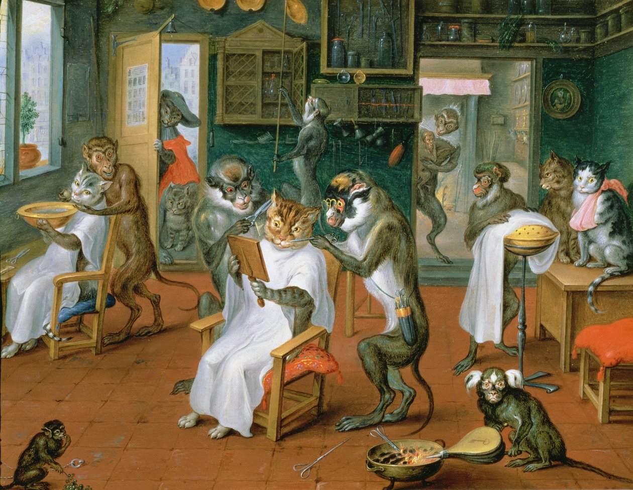 Fodrászat majmokkal és macskákkal (olaj, réz) alkotó: Abraham Teniers