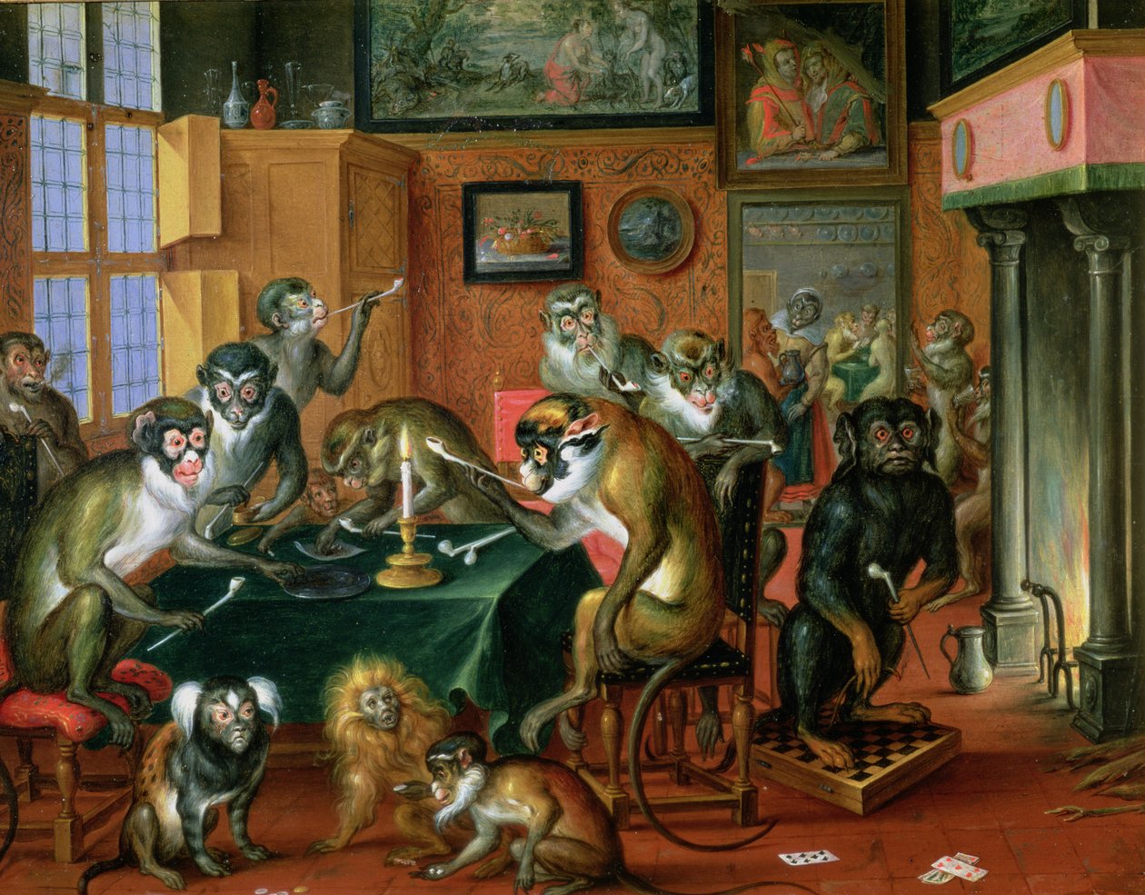 Dohányzószoba majmokkal (olaj, réz) alkotó: Abraham Teniers