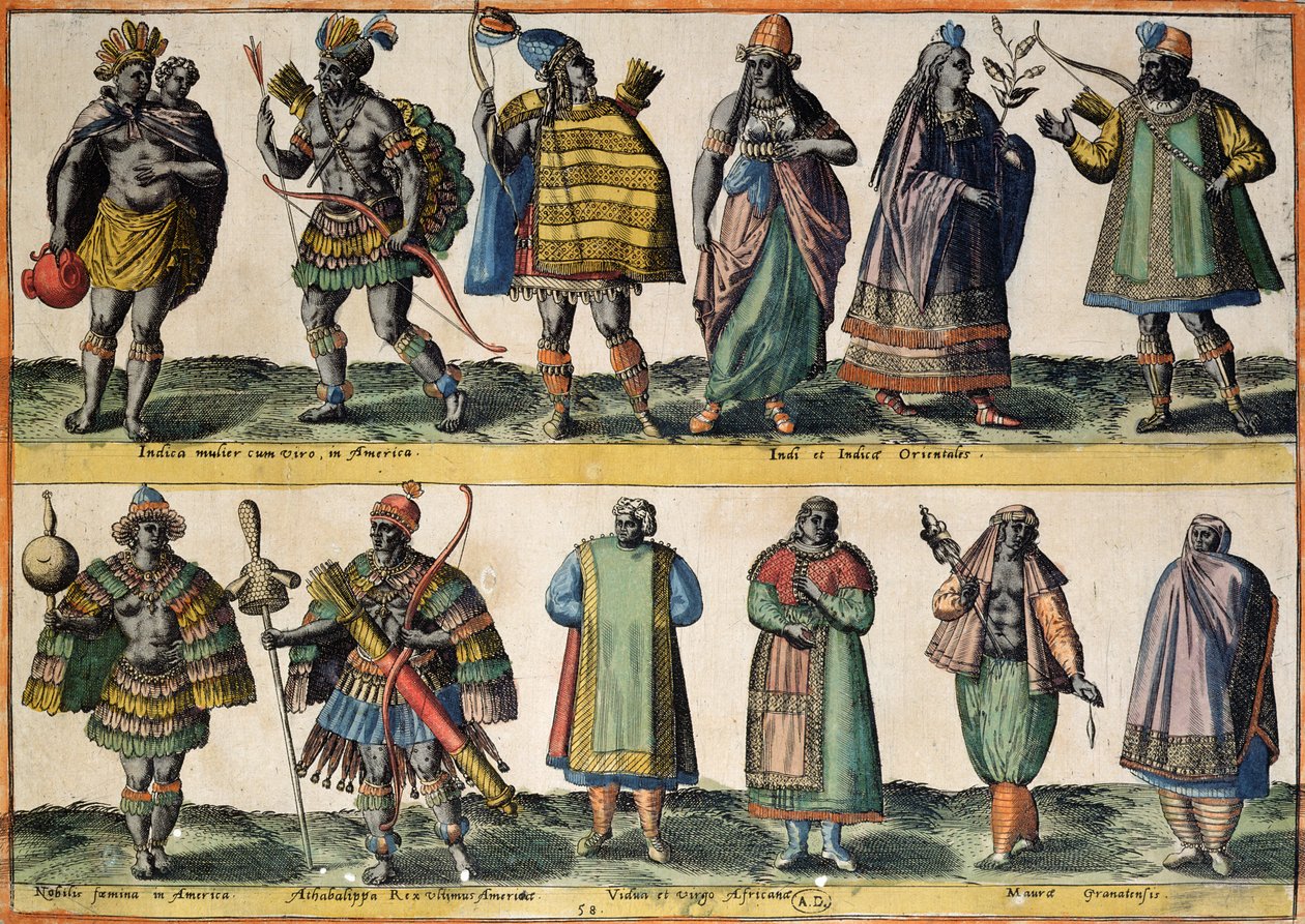 Észak-amerikai indiánok, indiánok és keleti viseletek, dél-amerikai indiánok, valamint afrikai és mór jelmezek az „Európa, Ázsia, Afrika és Amerika különböző nemzeteinek jelmezei” című kiadványból, 1581-ben megjelent alkotó: Abraham de Bruyn