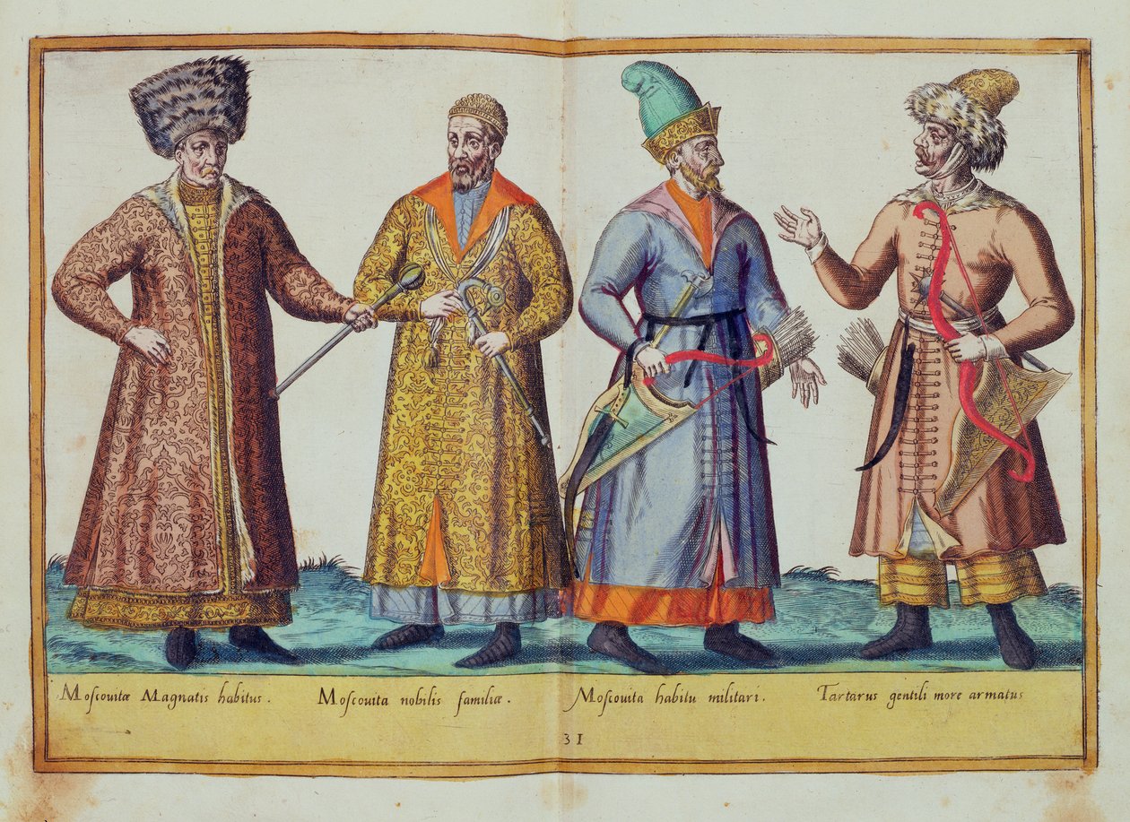 Tizenhatodik századi jelmezek az 1577-ben Kölnben megjelent „Omnium Poene Gentium Imagines”-ből (kézzel színezett metszet) alkotó: Abraham de Bruyn