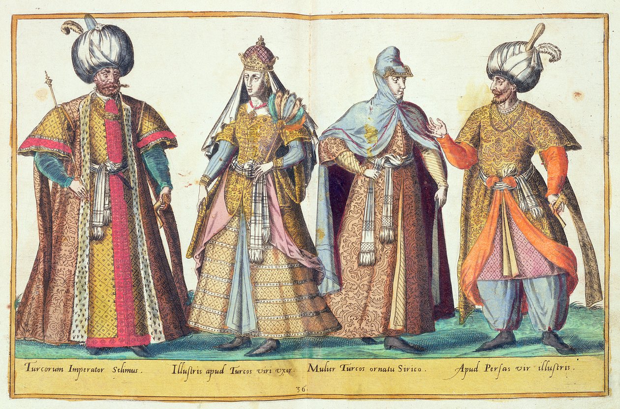 Tizenhatodik századi jelmezek az 1577-ben Kölnben megjelent „Omnium Poene Gentium Imagines”-ből (kézzel színezett metszet) alkotó: Abraham de Bruyn