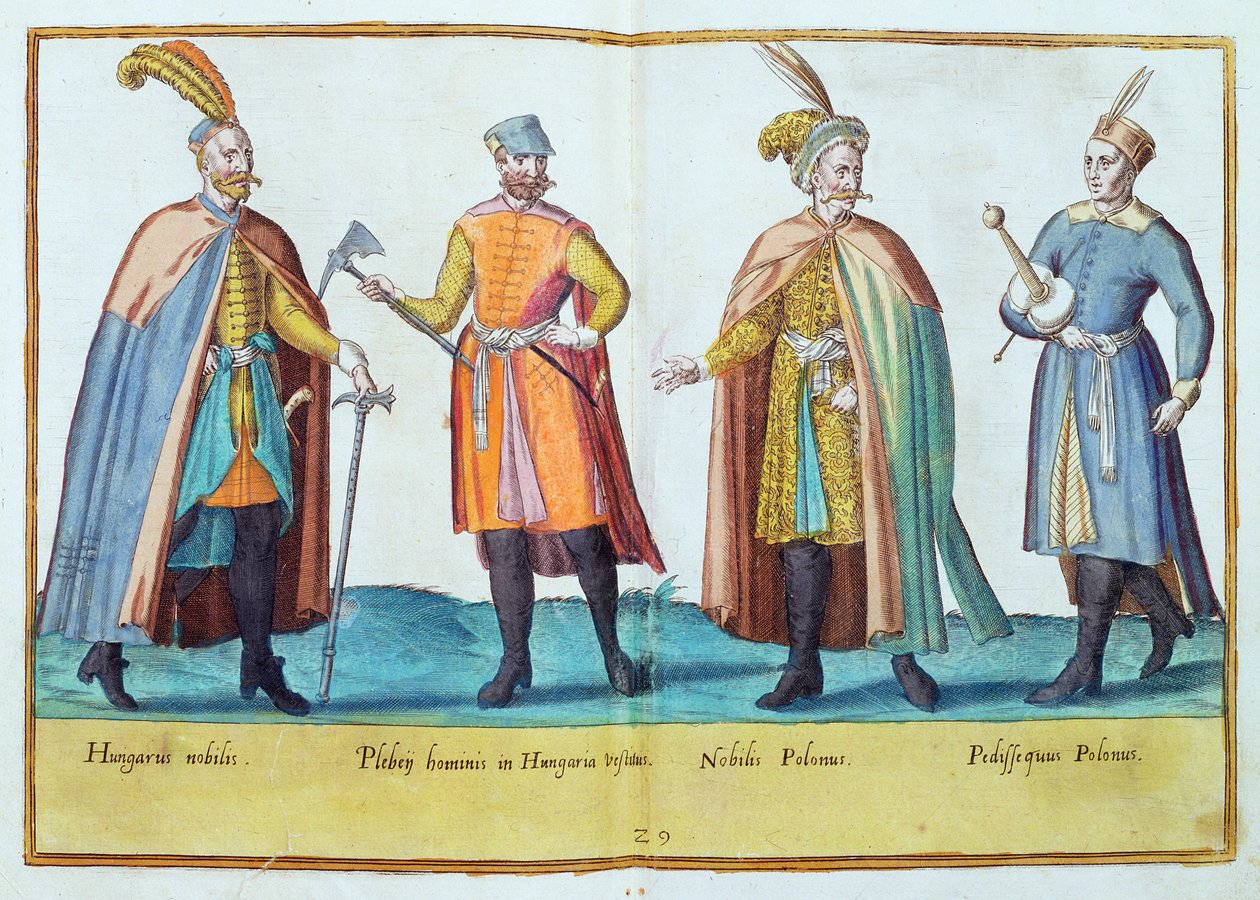 Tizenhatodik századi jelmezek az 1577-ben Kölnben megjelent „Omnium Poene Gentium Imagines”-ből (kézzel színezett metszet) alkotó: Abraham de Bruyn
