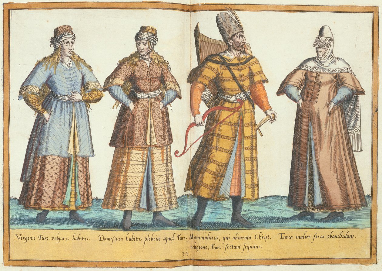 Tizenhatodik századi jelmezek az 1577-ben Kölnben megjelent „Omnium Poene Gentium Imagines”-ből (kézzel színezett metszet) alkotó: Abraham de Bruyn