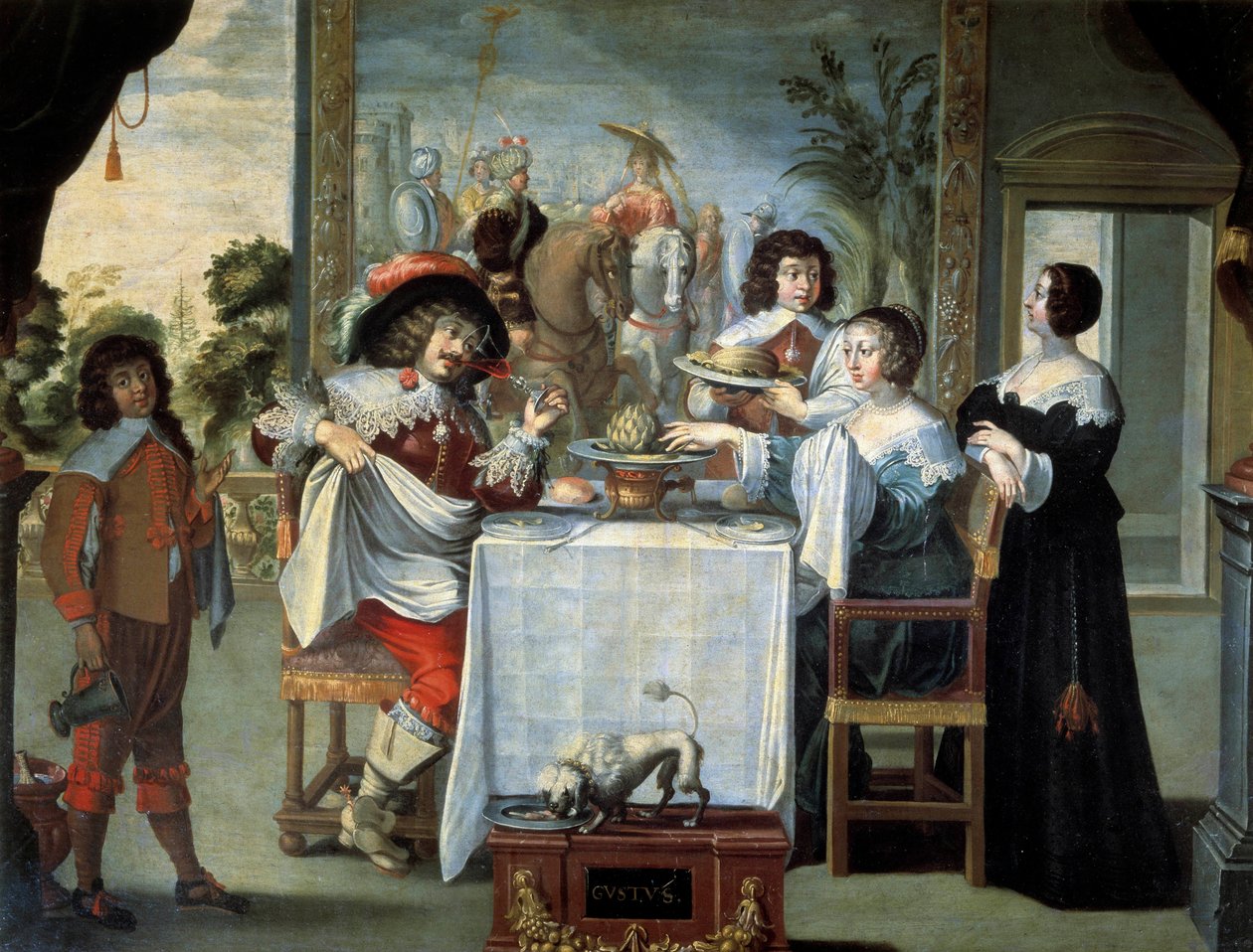 Öt érzékszerv, névtelen festő íze, Abraham Bosse (1602-1676) metszetének másolata, olaj, vászon – „Az öt érzék: az íz” Dinnyéből, articsókából álló, kifinomult étel kóstolási jelenete egy gyönyörű nemesi otthonban. Abraham Bosse festménye (1602 alkotó: Abraham (after) Bosse