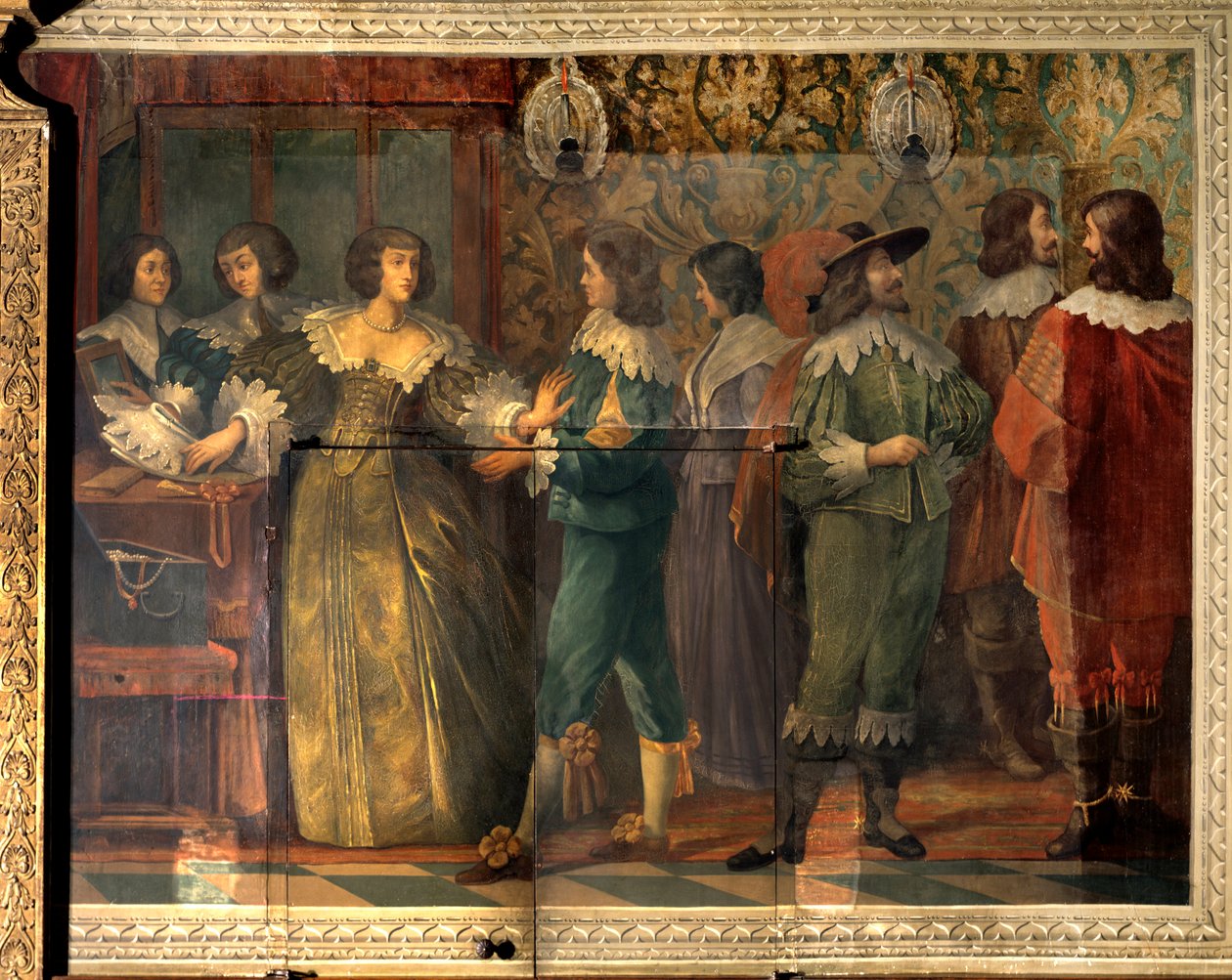 Charles de Valois (1573-1650), Angouleme hercege életének jelenete - Charles de Valois második feleségével 1644-ben kötött házassága alkalmából készült bulijelenet - Egy nő, akihez egy udvarhölgy közelít, megfogja, hogy elhelyezze. gallér - Abrah freskója alkotó: Abraham (after) Bosse