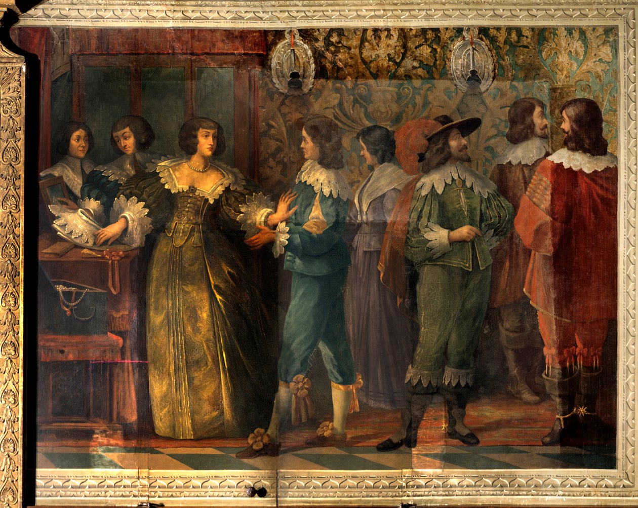 Charles de Valois (1573-1650), Angouleme hercege életének jelenete - Charles de Valois második feleségével 1644-ben kötött házassága alkalmából készült bulijelenet - Egy nő, akihez egy udvarhölgy közelít, megfogja, hogy elhelyezze. gallér - Abrah freskója alkotó: Abraham (after) Bosse