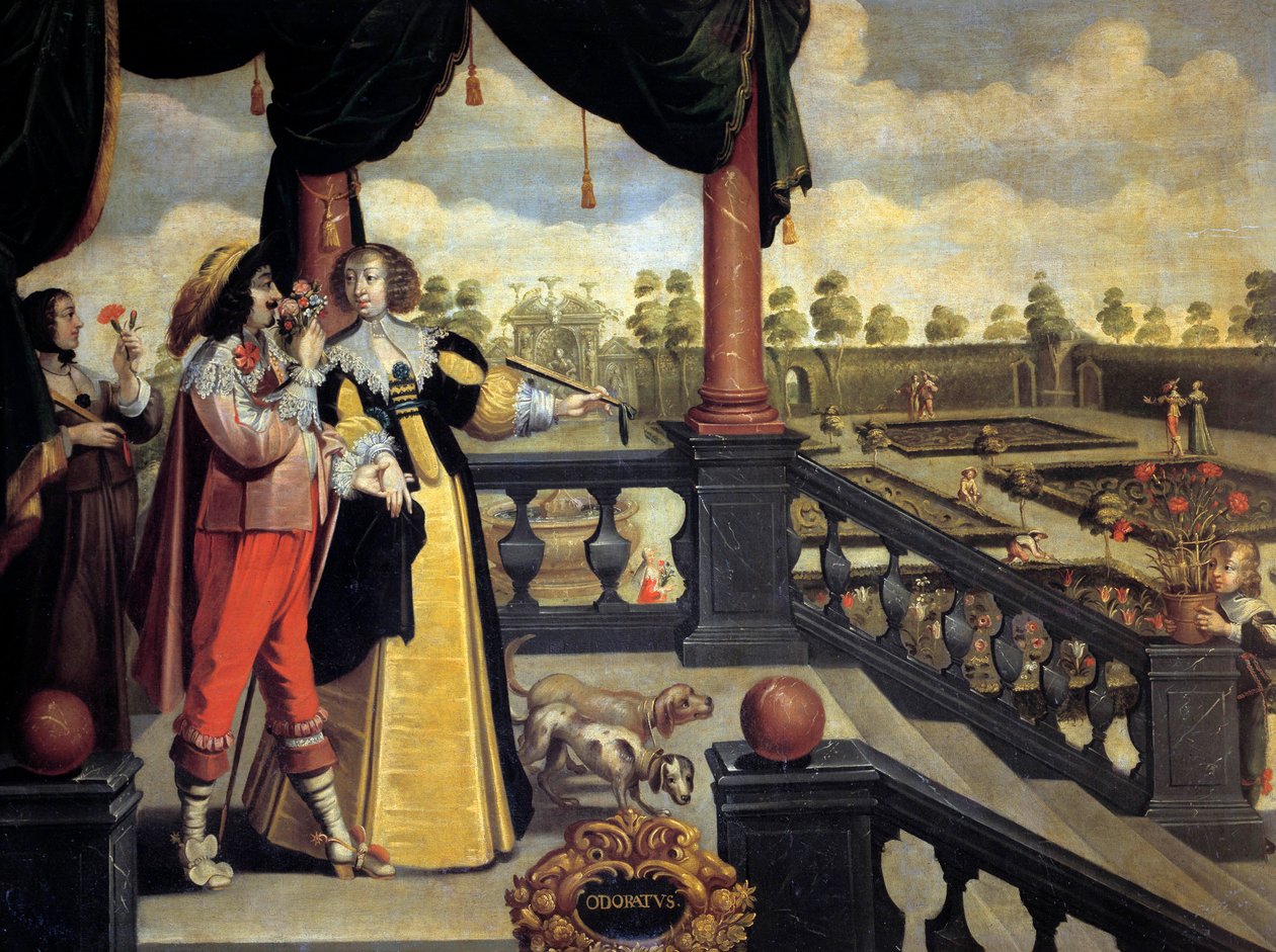 Az öt érzék: Szaglás Pár nemes a kert előtt, a férfi megszagol egy csokor virágot. Abraham Bosse (1602-1674) festménye XVII. Túrák, Szépművészeti Múzeum alkotó: Abraham (after) Bosse