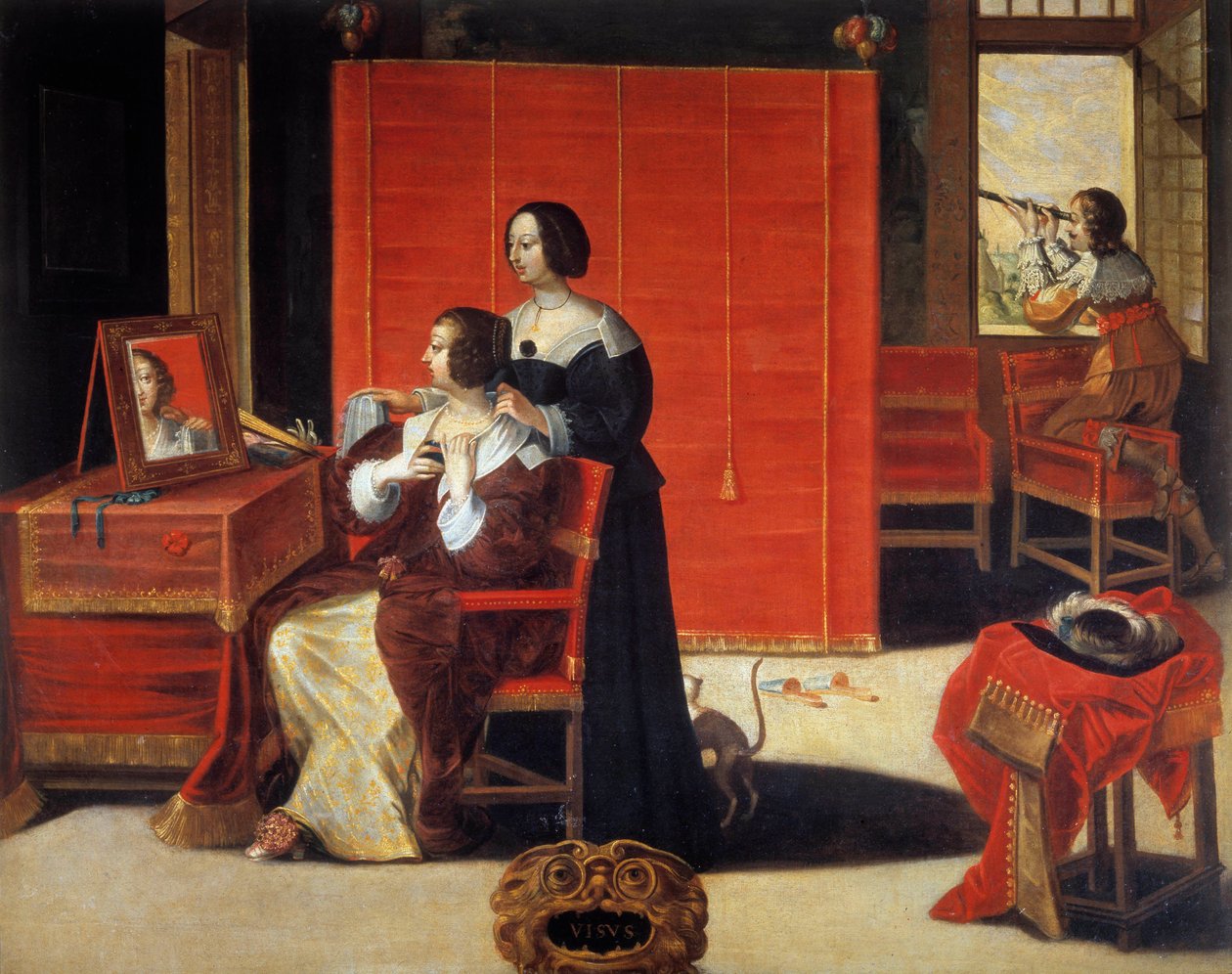The Five Senses: The View Egy fiatal nő a tükre előtt, miközben egy férfi csillagászati keretet használ. Abraham Bosse (1602-1676) festménye. 17. század. Túrák, Szépművészeti Múzeum alkotó: Abraham (after) Bosse